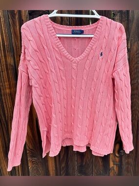 Cute, Polo by Ralph Lauren Coral Pink Cable V-Neck Sweater